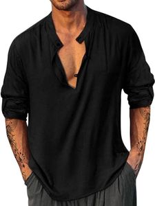 Herren-Henley-Hemd aus Baumwolle und Leinen, lässig, langärmelig, Hippie, Yoga, Sommer, Strand, T-Shirts, Bandkragen, modisches Hawaii-Hemd