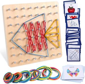 FNCF Holz Geoboard Montessori Spielzeug Mathematische Manipulationen STEM Lernspielzeug mit 48 PCS Musterkarten und Latexbändern