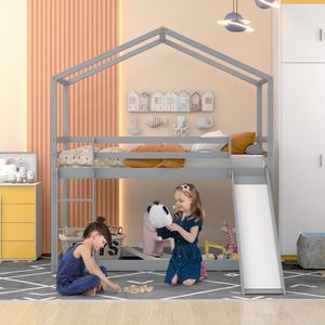 Kinderbett Grau 90x200cm mit Rutsche Lattenrost,Massivholz mit Rutsche Hausbett Holzbett (ohne Matratze)
