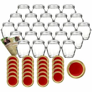 gouveo Einmachgläser 212 ml Henkel mit Schraubverschluss - Vorratsglas mit Deckel, Deckelfarbe:Rot-Gold, Setgröße:24er Set