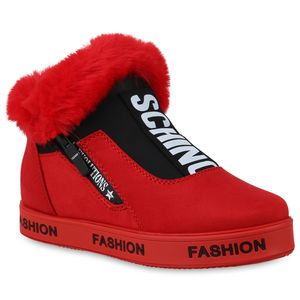 Mytrendshoe Damen Plateau Sneaker Warm Gefütterte Schuhe Kunstfell Turnschuhe 823899, Farbe: Rot, Größe: 40