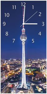 Wallario Design Wanduhr Fernsehturm Berlin bei Nacht aus Echtglas, Größe 30 x 60 cm
