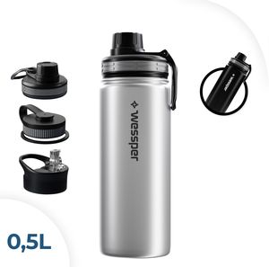 Wessper Fľaša na pitie z nehrdzavejúcej ocele 500 ml Nepriepustná termoska Fľaša Bpa-Free s 3 viečkami | Strieborná elegantná fľaša na pitie Šport | Izolovaná fľaša Deti Dospelí Na kempovanie Bicykel Šport Outdoor