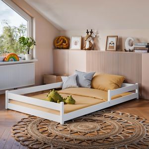 Kinderbett Bodenbett Bett mit Rausfallschutz & Lattenrost Montessori Bett Kinder Jugendbett Einzelbett optional mit Matratze | weiß Kiefer 120x200 cm