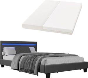 Juskys Polsterbett Verona - 120x200 cm - Bettgestell inkl. LED-Beleuchtung, Lattenrost & Matratze - grau - Kunstleder - Einzelbett Jugendbett