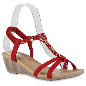 VAN HILL Damen Keilsandaletten Sandaletten Zierperlen Wedge Freizeit Schuhe 841087, Farbe: Rot, Größe: 38