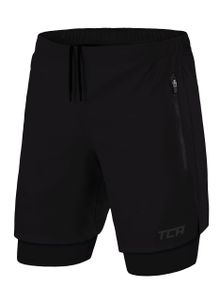 TCA Ultra Laufhose Herren 2 in 1 Kurze Sporthose Trainingsshorts Laufshorts mit integrierter Kompressionshose und Reißverschlussfach - Schwarz (2X reißverschlusstasche), L