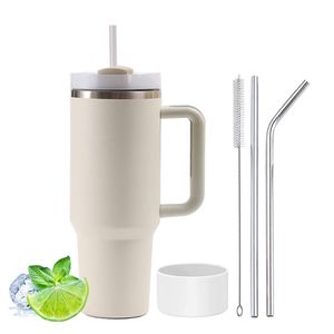 1200 ml Doppelwandiger Edelstahl Vakuum Isolierbecher mit Griff Becher 40 oz Thermobecher mit Strohhalm aus und Silikonabdeckung, beige, 5, 1200ml