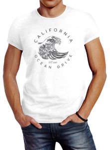 Herren T-Shirt Welle Wave California Ocean Drive Surf Summer Slim Fit Neverless® weiß L