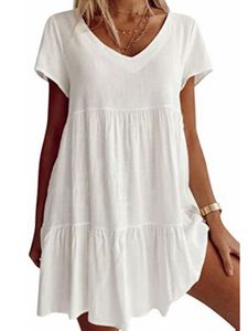 Damen Tunika Sunddress Summer Swing T-Shirt Kleid Casual T-Shirt Kurzmini Kleider,Farbe:Weiß,Größe:L