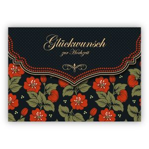 4x Schicke Hochzeitskarte mit schönem Blumen Muster in orange schwarz: Glückwunsch zur Hochzeit