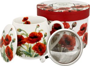 DUO FLORAL 430 ml hrnček CLASSIC POPPIES so sitkom na čaj, nový porcelán z kostnej Číny