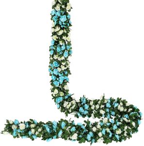 4 Stücke Künstliche Rosen Girlande, 270cm Unechte Rosenranke Blumengirlande mit grünen Blättern für Hochzeit, Party, Garten Dekoration, Blau