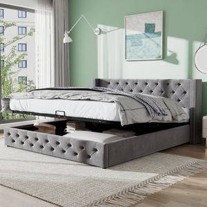 Merax čalúnená posteľ 140x200 cm s roštom a roštovým rámom, hydraulická skriňová posteľ, manželská posteľ v tvare ucha zo zamatu, funkčná posteľ do izby, sivá