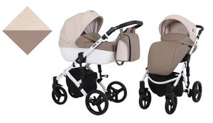 Kinderwagen TIARO Sportwagen Babywagen Babyschale Komplettset Kinder Wagen Set 2 in 1 (Braun mit Creme, Rahmenfarbe: Weiß)