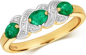 Raffinierter 9 Karat (375) Gold Trilogie Diamant Damenring Brillant-Schliff H - PK mit Smaragd, 49 (15.6); TRS28856RSJ