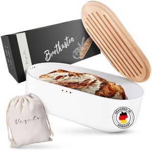 Vezato Brotbox – Nachhaltiger Brotkasten für lange Frische dank spezieller Beschichtung – Extra großer Brotkorb mit Bambusdeckel & Schneidebrett – Nachhaltiger Brotbehälter inkl. Brotsack