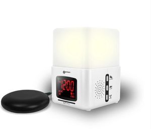 Geemarc Wake'n shake LIGHT - Laut einstellbarer Lichtwecker 90 dB mit Vibrationskissen, künstlichem Sonnenaufgang, automatisches Abschalten, Naturklängen, Radio, Mp3