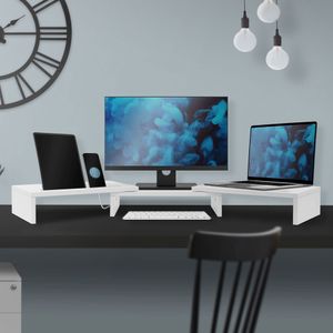 ML-Design Dual Monitor Stand Riser, 110x27x10,5 cm, biely, z dreva, stojan na 2 monitory s nastaviteľnou dĺžkou a uhlom natočenia, 2 otvory na uchytenie, podstavec obrazovky, stojan na vyvýšenie monitora