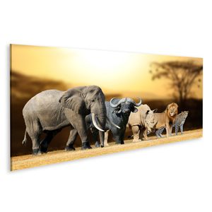 Bild auf Leinwand Big Five Game Afrika Löwe Elefant Leopard Büffel Nashorn Wandbild Leinwandbild Wand Bilder Poster 120x40cm Panorama