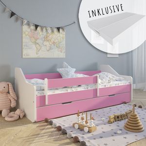 Kinderbett 80x180 mit Matratze, Rausfallschutz, Lattenrost & Schublade in pink 180x80 Mädchen Jungen Bett Skandi