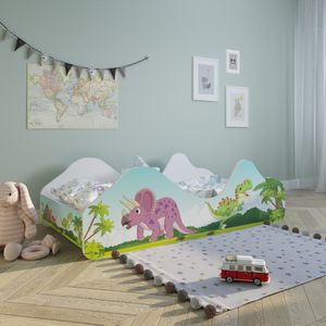 Kinderbett Jugendbett 80x160 mit Rausfallschutz | Dinosaurier Kinder Spielbett mit Lattenrost, ohne Matratze