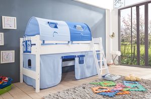 Relita Halbhohes Spielbett Kim Buche massiv weiß lackiert mit Textil-Set, hellblau/blau