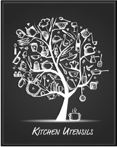 Wallario Wandbild Kitchen Utensils - Baum aus Küchenutensilien in schwarz weiß, Größe: 40,30 x 50,30 cm, Poster mit schwarzem Aluminiumrahmen
