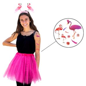 Oblique Unique Flamingo Kostüm Accessoire Set - Flamingo Haarreif + Tutu / Tütü + Tattoos für Fasching Karneval