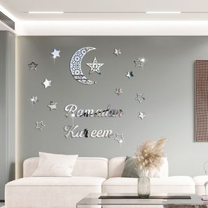 3D Ramadan Kareem Aufkleber Dekorationen Wand Eid Mubarak Eid Al Adha Mond und Stern Aufkleber Islamische Spiegeldekoration (Silber)