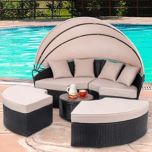 Mucola Sonnenliege Strandkorb Sonneninsel 180CM Tisch Polyrattan Gartenmuschel Set Gartenmöbel Sitzgarnitur Sunbed Kissen Beige - Schwarz