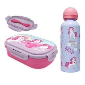 Sweet Einhorn Unicorn 3tlg. Lunch Set Brotdose plus Trinkflasche Göffel – Blau