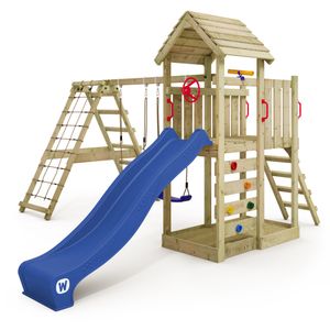 WICKEY hrací věž RocketFlyer s houpačkou a skluzavkou, lezecká věž s pískovištěm, šplhací nástavec a herní příslušenství - modrá barva