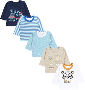 TupTam Baby Jungen Langarmshirt 5er Pack, Farbe: Dunkelblau Bagger Grün Dino Bärchen Beige Tiger Streifen Blau r , Größe: 80