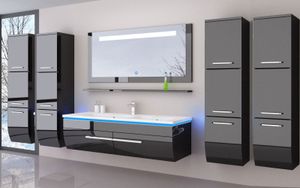 Badmöbel set Schwarz  240 cm Hochglanz Badmöbel Set 240 cm Bad möbel Komplett Set Incl Led System Fertig Montiert Lackiert 6 Teilig Badezimmer Hochschrank Badezimmerschrank Schwarz  Badezimmerschrank MDF Holz Hängeschrank Bad Schwarz 240 cm