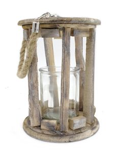 Holz-Laterne mit Kerzenglas und Seil-Griff L - Ø 19 x 26cm