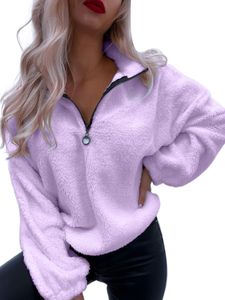 Damen Reverskragen Sweatshirt Holiday Fuzzy Fleece Pullover Gegen Neck Reißverschluss T-Shirt,Farbe:Violett,Größe:2Xl