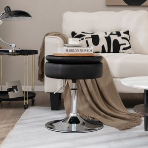 COSTWAY Otočná stolička s nastaviteľnou výškou 51-66 cm,Polyuretánsedadlo stoličky s úložným priestorom, stolička na líčenie otočná o 360° (čierna)