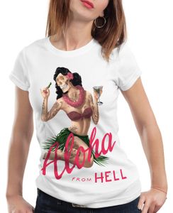 style3 Aloha from Hell Damen T-Shirt tattoo hawaii surfer usa, Farbe:Weiß, Größe:M