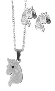 Akzent Mädchen Schmuckset Einhorn-Kopf silberfarbig Ohrstecker Halskette