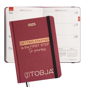 Taschenkalender 2025 A6 rot - 1 Woche 2 Seiten, Robustes Hardcover, Taschenkalender 2025 klein, Ferien & Feiertage, 2 Lesebändchen & Gummibandverschluss, Kalendervorschau 2026, Kalender 2025 a6