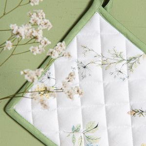 Clayre & Eef Ofenhandschuhe 20*20 cm Weiß Grün Baumwolle Quadratisch Blumen Gießhilfsmittel Topflappen
