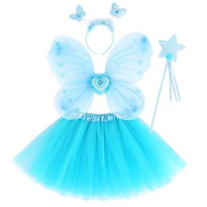 Blau Lustiges Partygirl Feenkostüm-Set Schmetterlingsflügel Zauberstab und Haarbänder Engel Kostüme