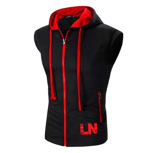 Herren Ärmellose Hoodies Sweatshirt Reißverschluss Kapuzenjacke Mantel Outwear Weste Tops,Farbe: Schwarz Rot,Größe:XL