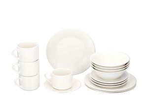alpina 16-teiliges Frühstücks-Set - 4 Teller - 4 Schalen - 4 Tassen - 4 Untertassen - Weiße Keramik