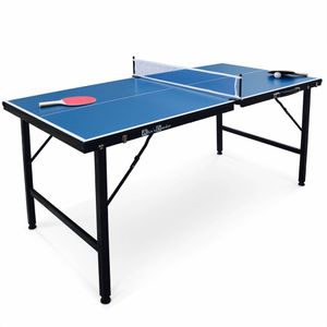 INDOOR Mini Tischtennisplatte Ping Pong 150x75cm - blauer Klapptisch, mit 2 Schlägern und 3 Bällen, für den Innenbereich, zusammengeklappt als Koffer, Tischtennissport