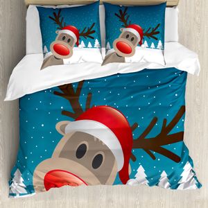 ABAKUHAUS Weihnachten Bettbezugs Set Für Doppelbetten, Rudolph das Rentier, Milbensicher Allergiker geeignet mit Kissenbezügen, Weiß Braun Rot Himmelblau