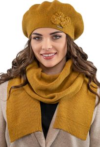Vivisence damen baskenmütze eleganter wintermütze und schal set warm kopfbedeckung und halsbedeckung an winter und herbst warm dick, winterset für frauen, hergestellt in der eu, honig, einheitsgröße