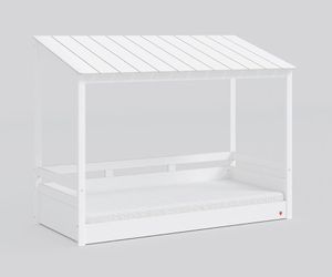 Montessori Hausbett mit Schrägdach 90x200 cm Weiß, Matratze:mit, Auszug:mit Ausziehbett