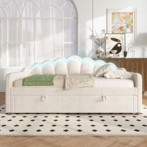Merax Tagesbett 90 x 200cm mit Stauraum & LED-Beleuchtung, Kinderbett aus Samtbezug, Ausziehsofa & Gästebett mit hydraulischer Bettkasten, Beige
